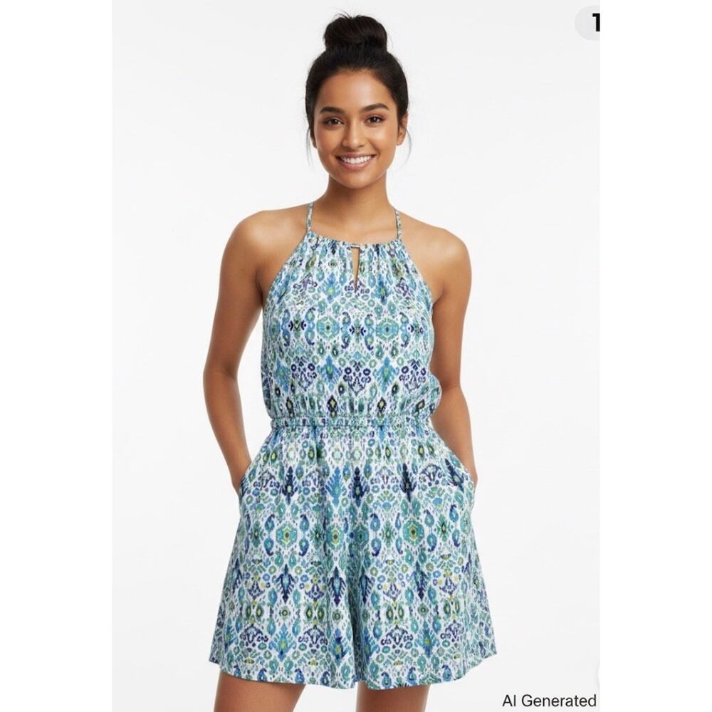 Tommy bahama Sleeveless tiered midi dress Blue Green Ikat print small vacation